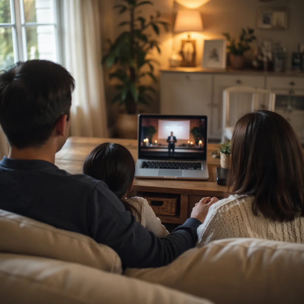 Family Watching Laptop in Cozy Living Room