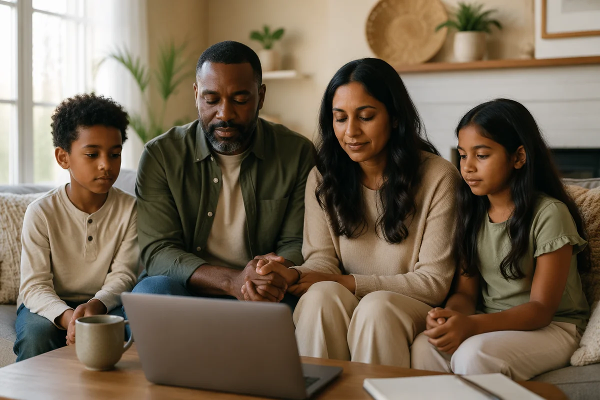 Family Watching Laptop in Cozy Living Room