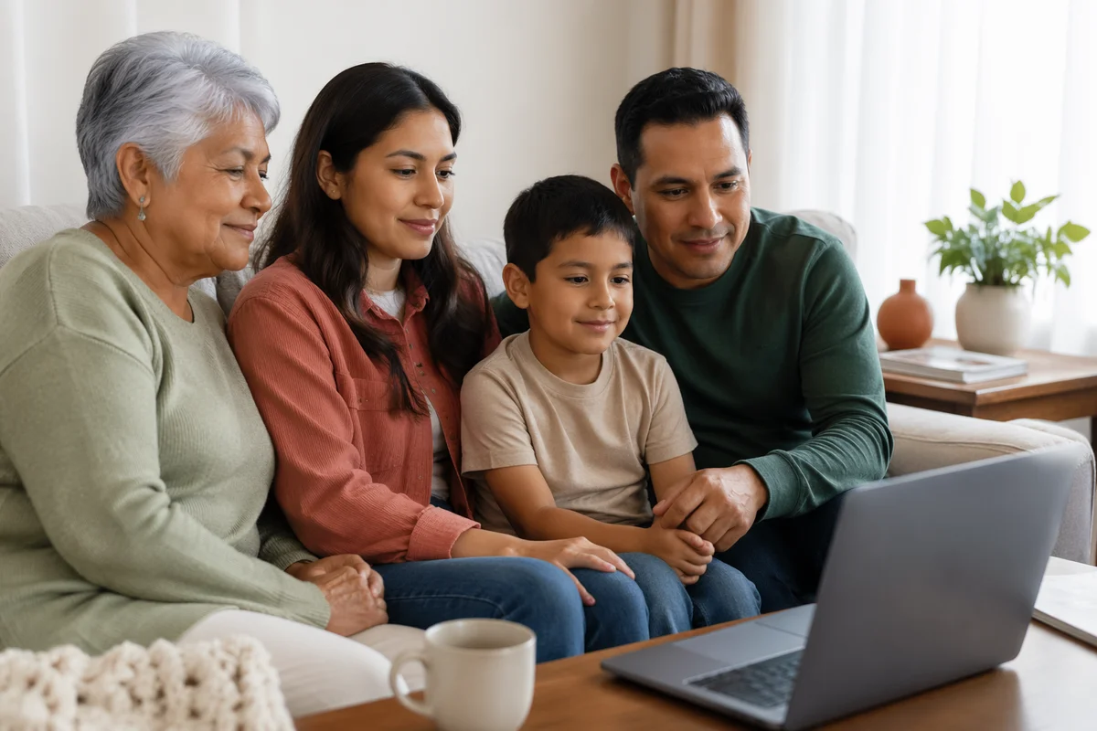 Family Watching Laptop in Cozy Living Room