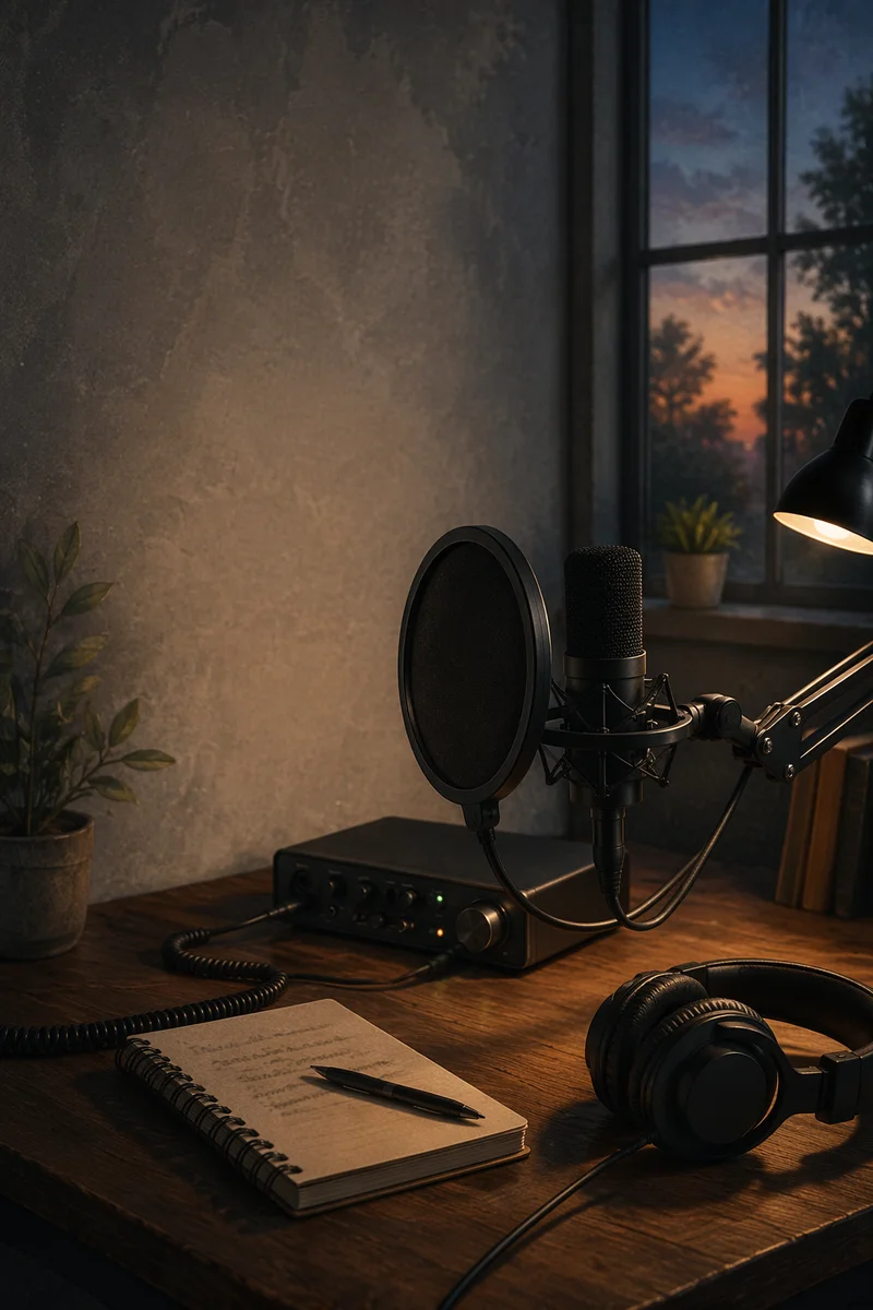 Podcast Microphone Setup on Wooden Desk