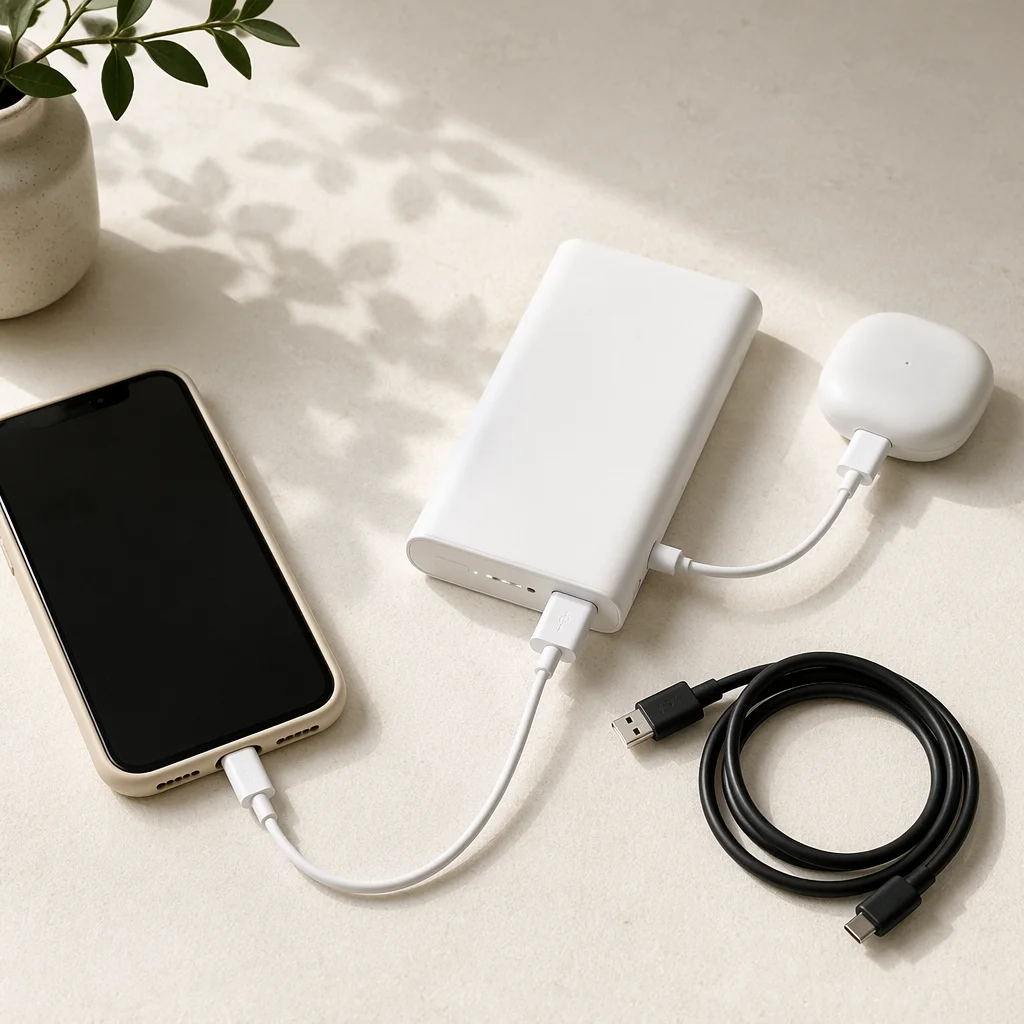 Minimal Power Bank Charging Devices Flat Lay