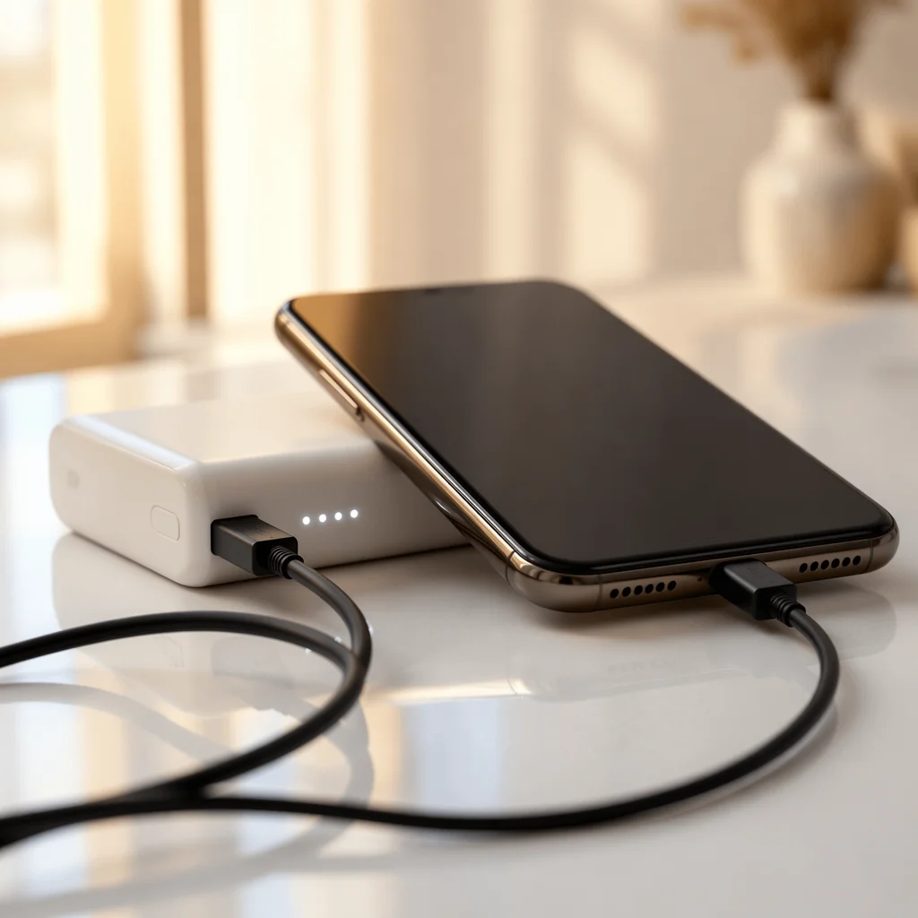 Minimal Power Bank Charging Smartphone Flat Lay