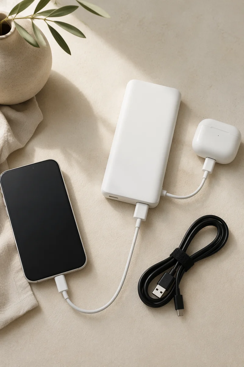 Minimal Power Bank Charging Devices Flat Lay