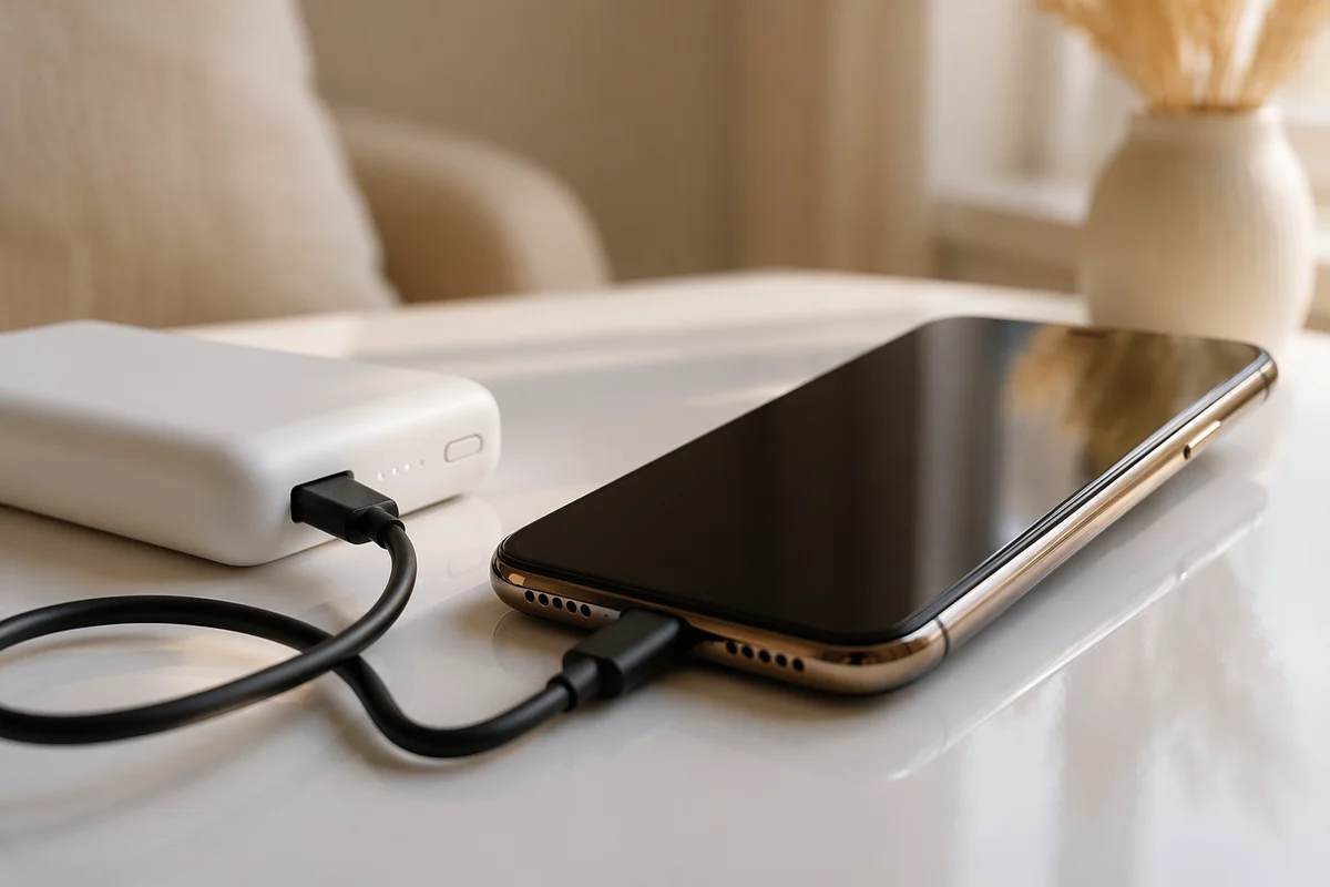 Minimal Power Bank Charging Smartphone Flat Lay
