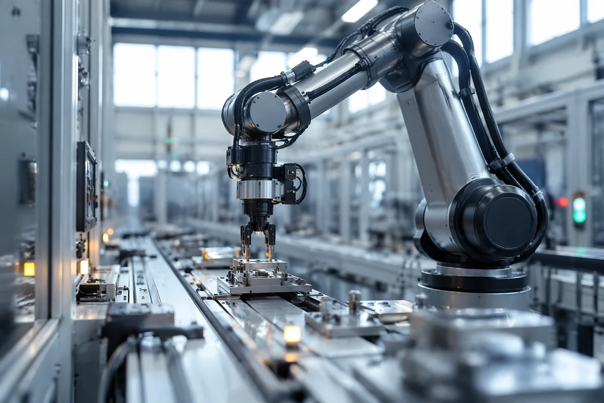 Industrial Robot Arm on Automated Production Line