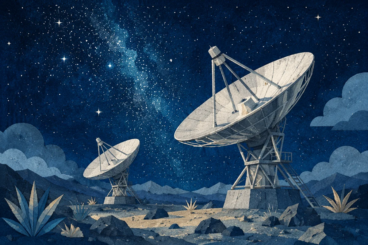 Satellite Dishes Under Teal Galactic Sky