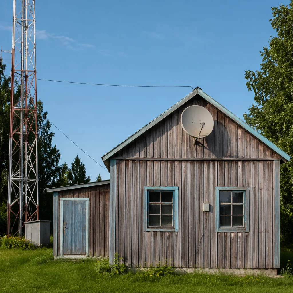 Rural Satellite Dish Under Clear Blue Sky