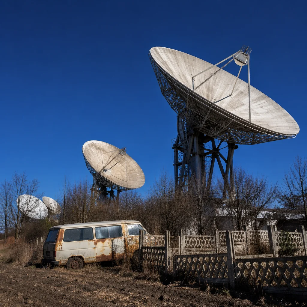 Rural Satellite Dishes Under Clear Blue Sky