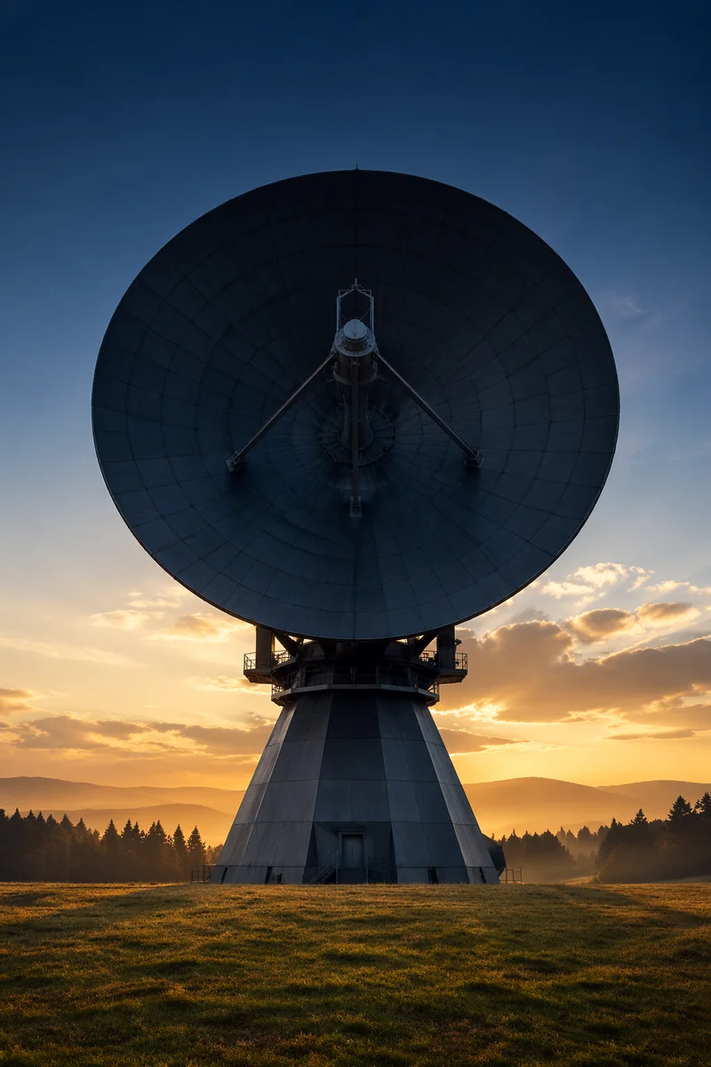 Satellite Communication Dish at Sunset