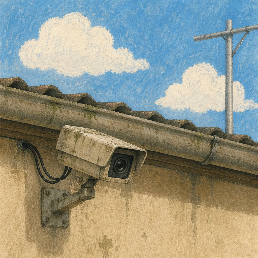 Weathered Exterior Security Camera Under Blue Sky