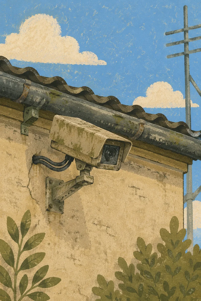 Weathered Exterior Security Camera Under Roofline