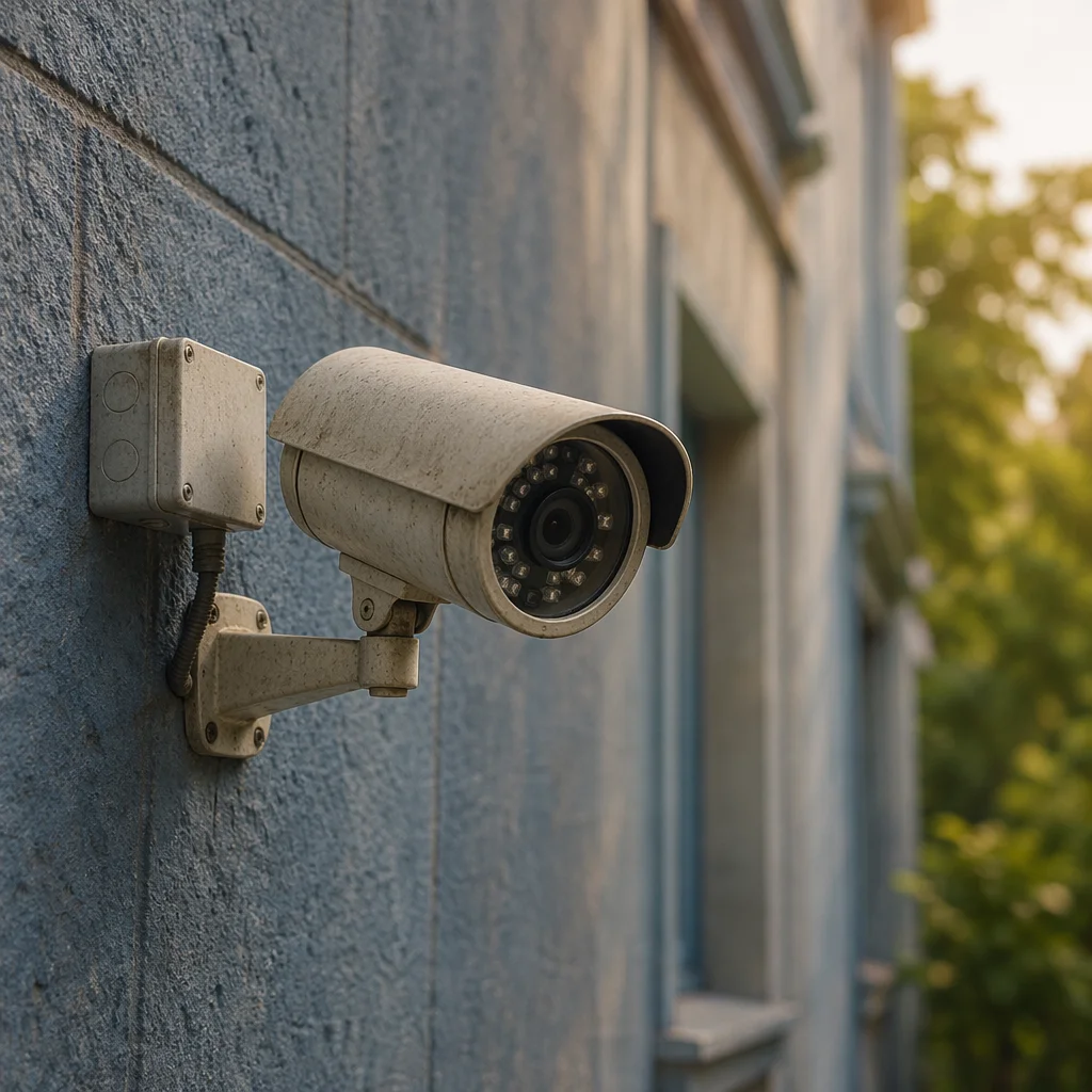 Weathered Security Camera on Blue Gray Wall