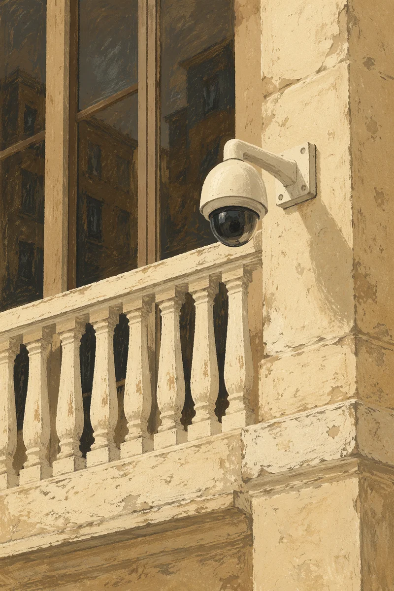 Dome Security Camera on Weathered Building Wall