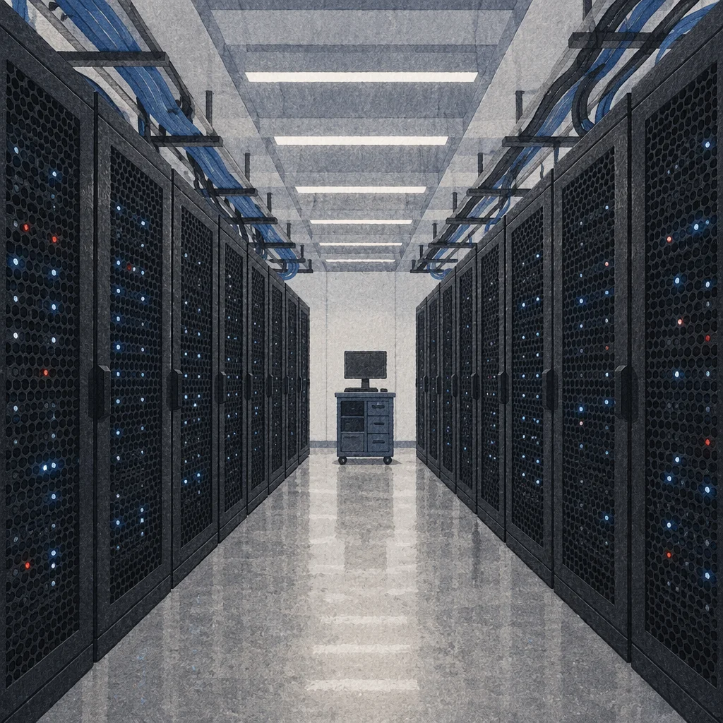 Blue Lit Data Center Server Aisle