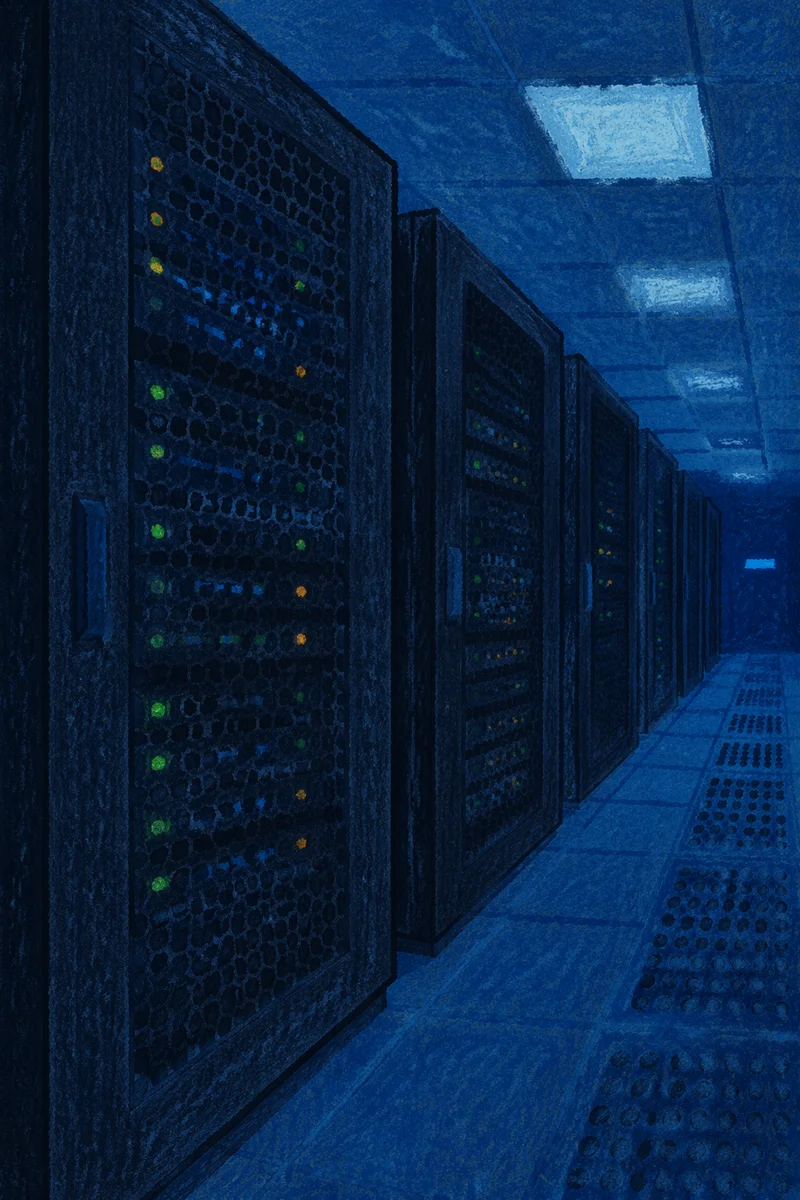 Blue Lit Data Center Server Aisle