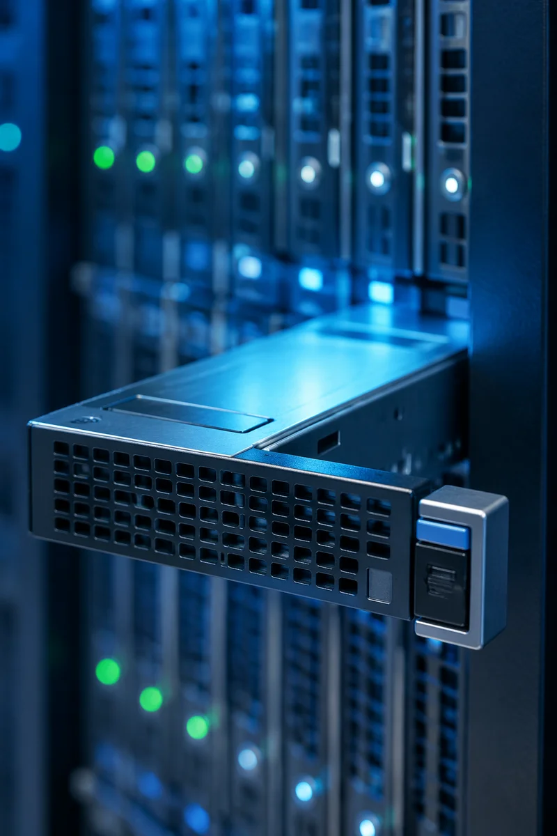 Blue Lit Server Rack Close-Up