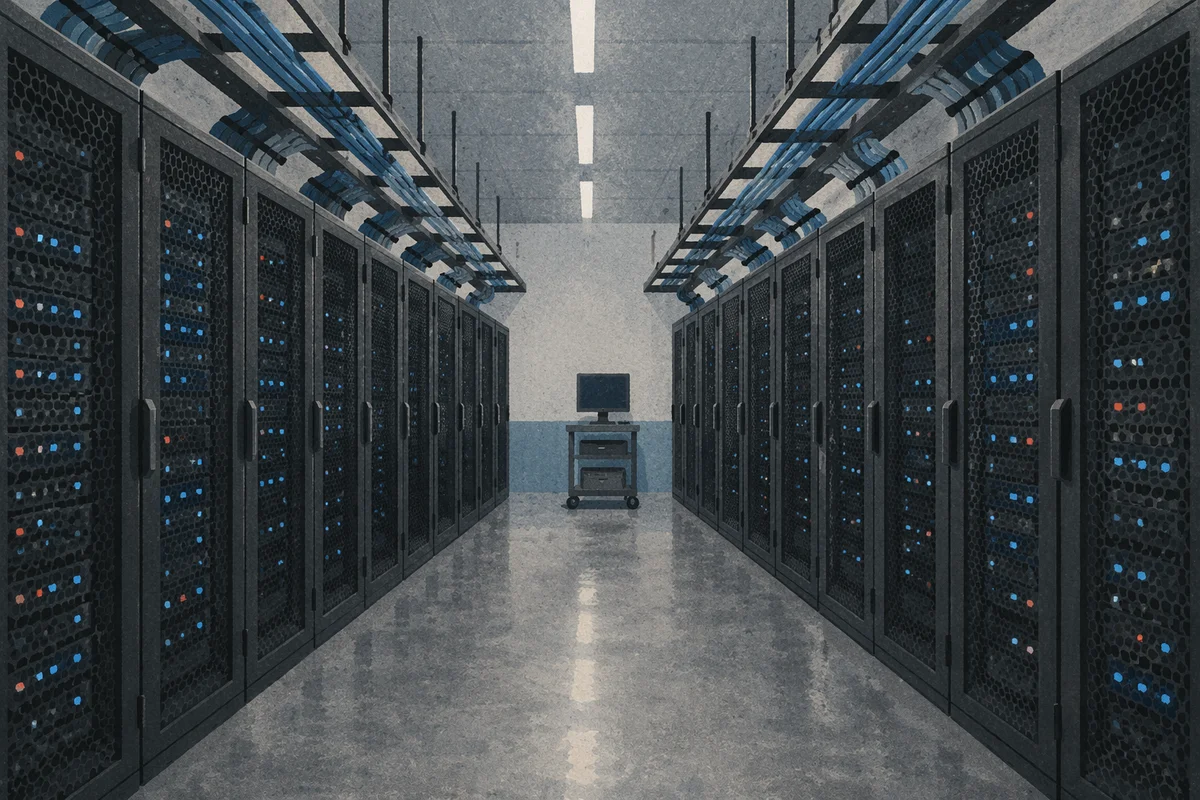 Blue Lit Modern Data Center Server Aisle