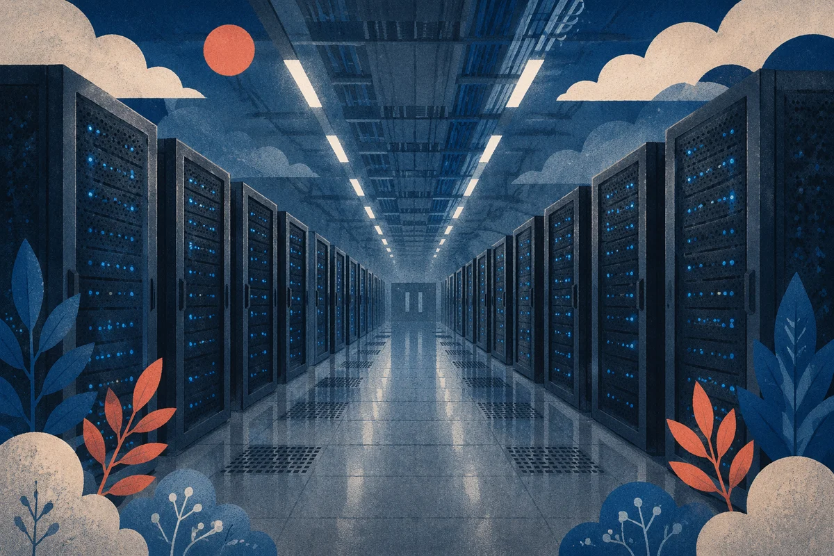 Blue Lit Data Center Server Aisle