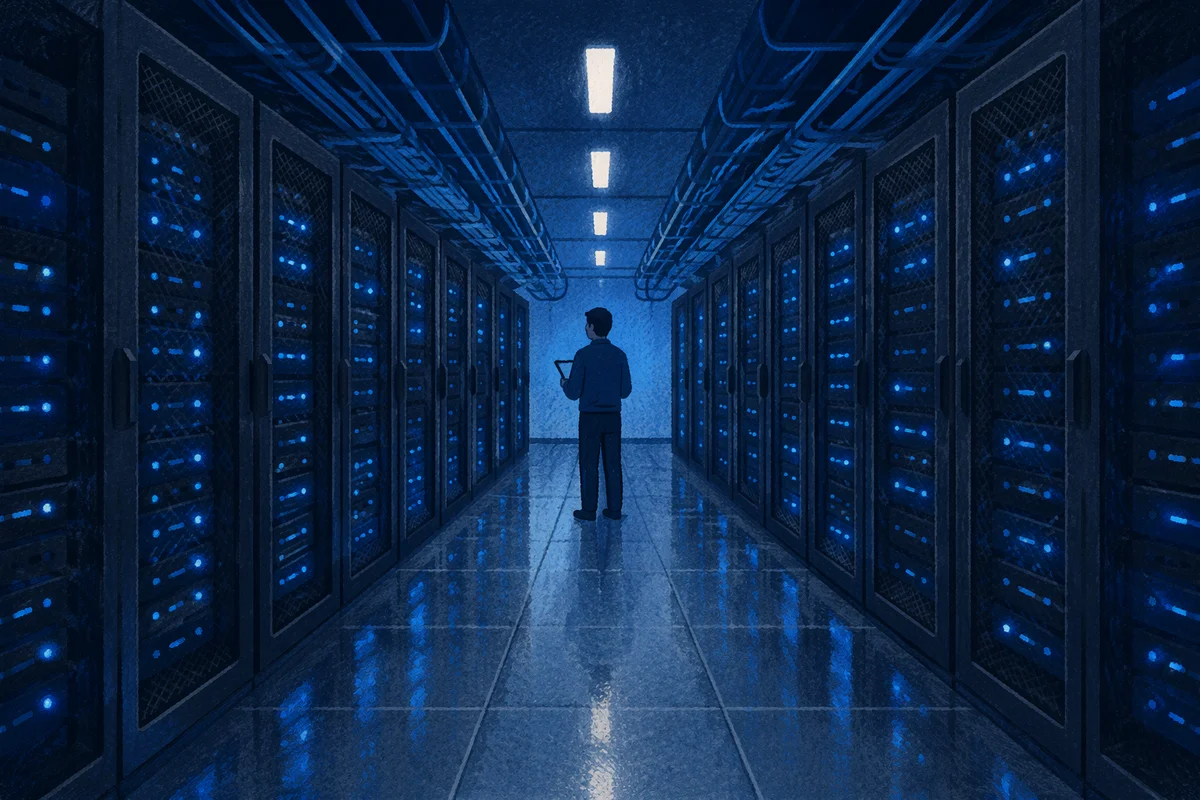 Blue Lit Server Room With Technician