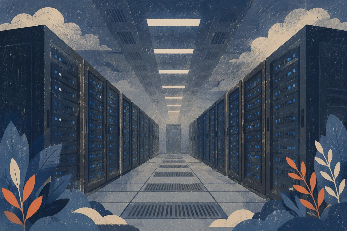 Blue Lit Server Room Aisle at Night