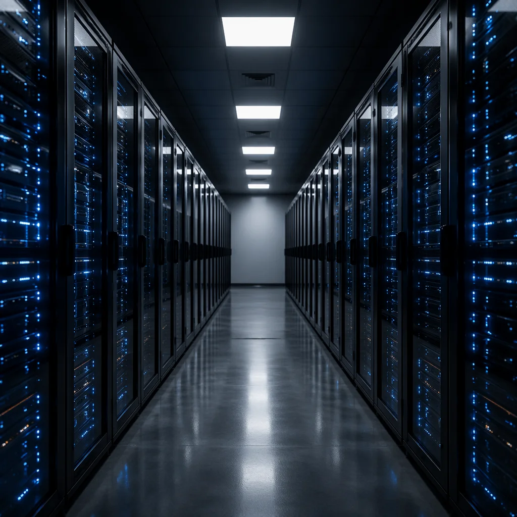Blue Lit Modern Data Center Aisle