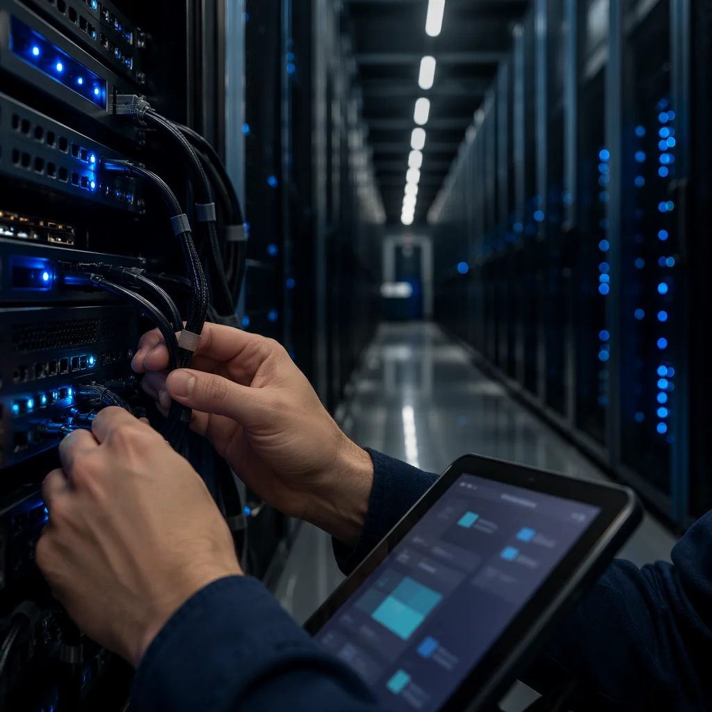 Blue Lit Server Room With Technician Hands