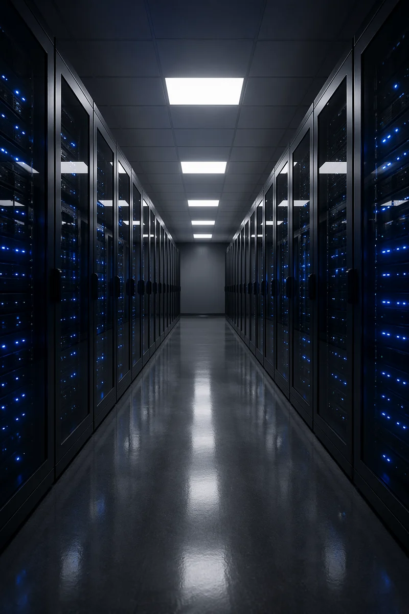 Blue Lit Modern Data Center Aisle