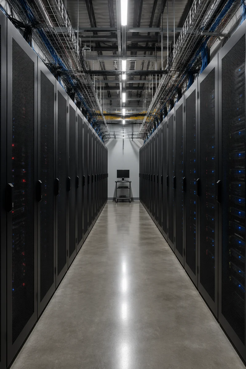 Blue Lit Modern Data Center Aisle