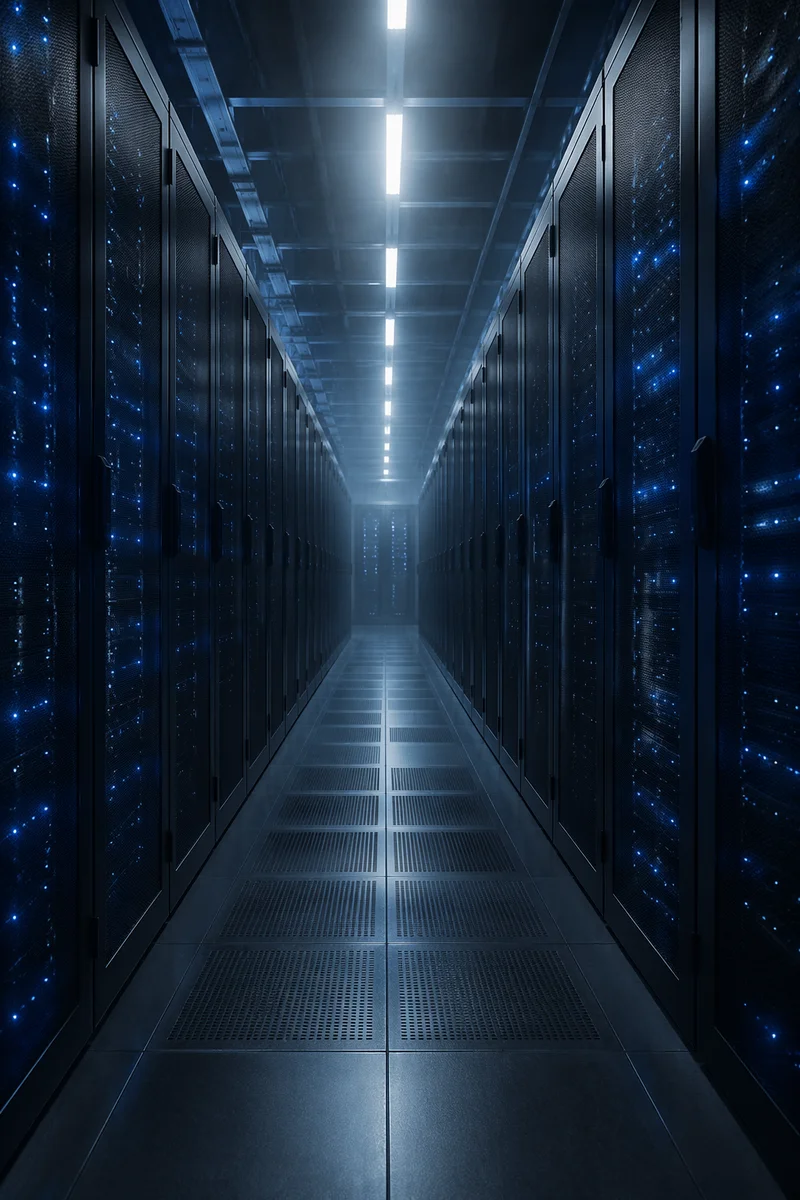 Blue Lit Data Center Server Aisle