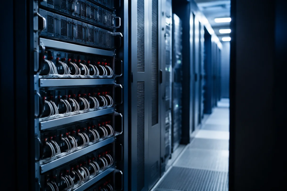 Blue Lit Data Center Server Aisle