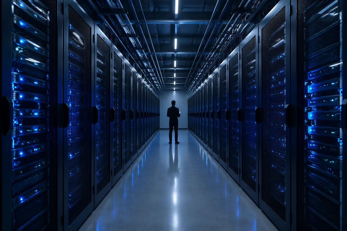 Blue Lit Server Room With Vigilant Technician