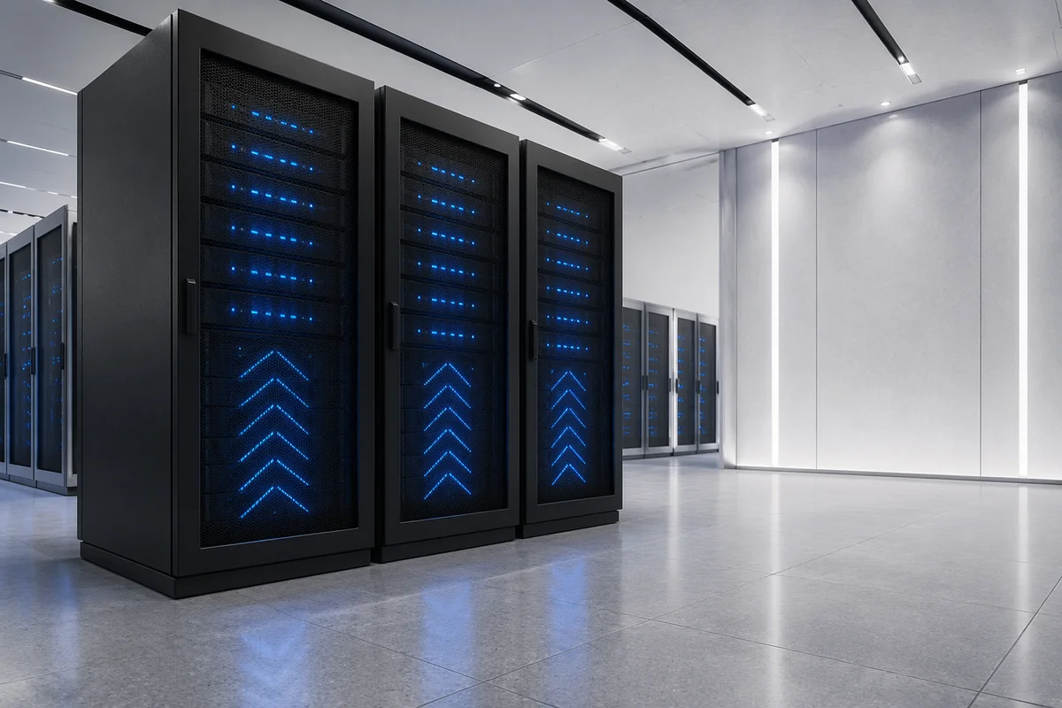 Modern Data Center with Blue Server Lights