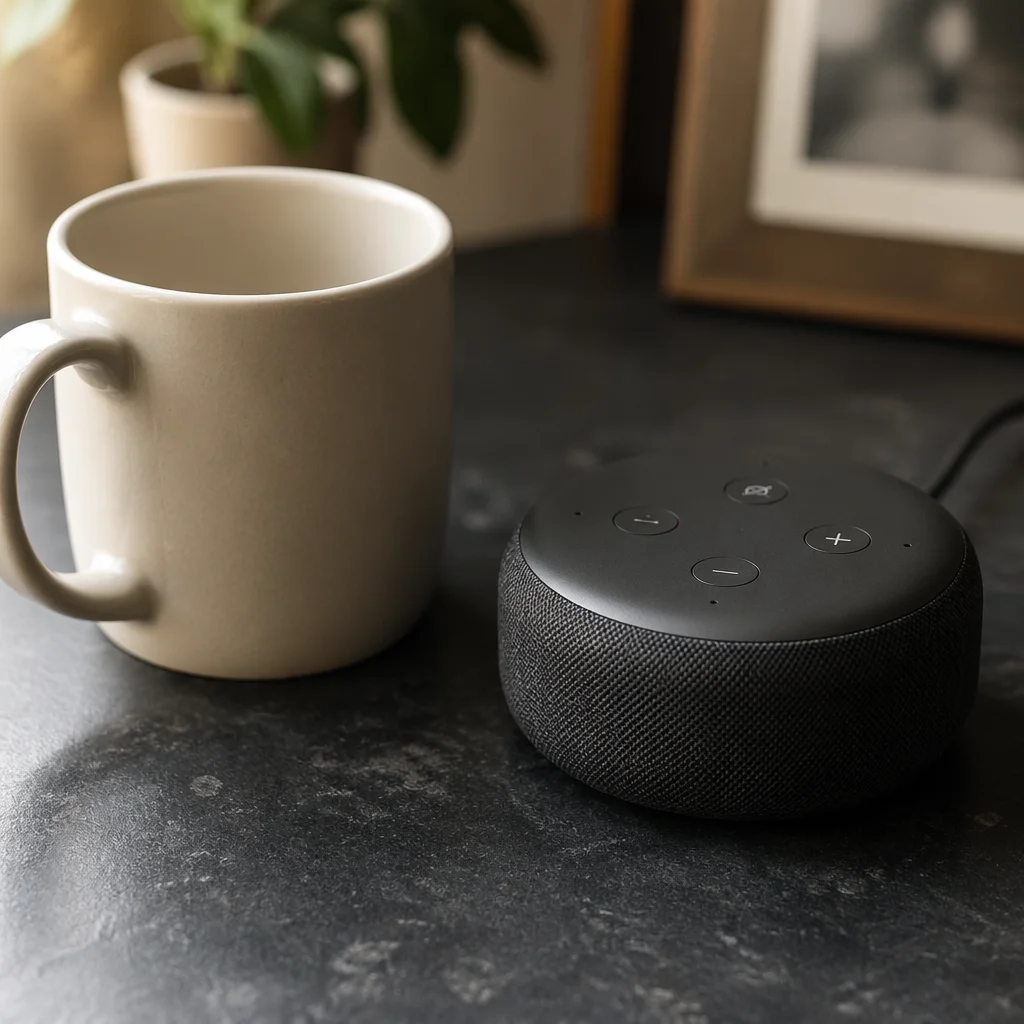 Smart Voice Assistant Speaker on Desk