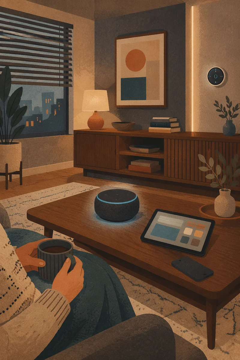 Connected Smart Home Living Room Evening Scene