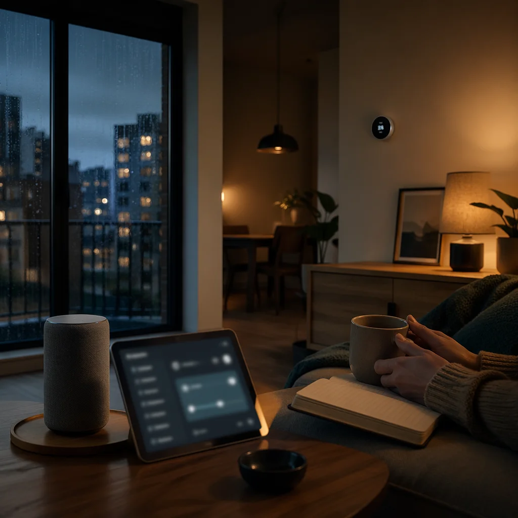 Smart Home Living Room at Blue Hour