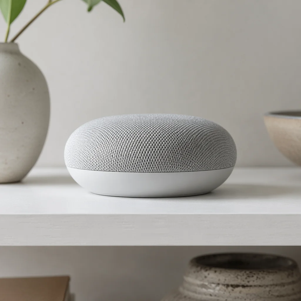Minimal Smart Speaker on White Home Shelf