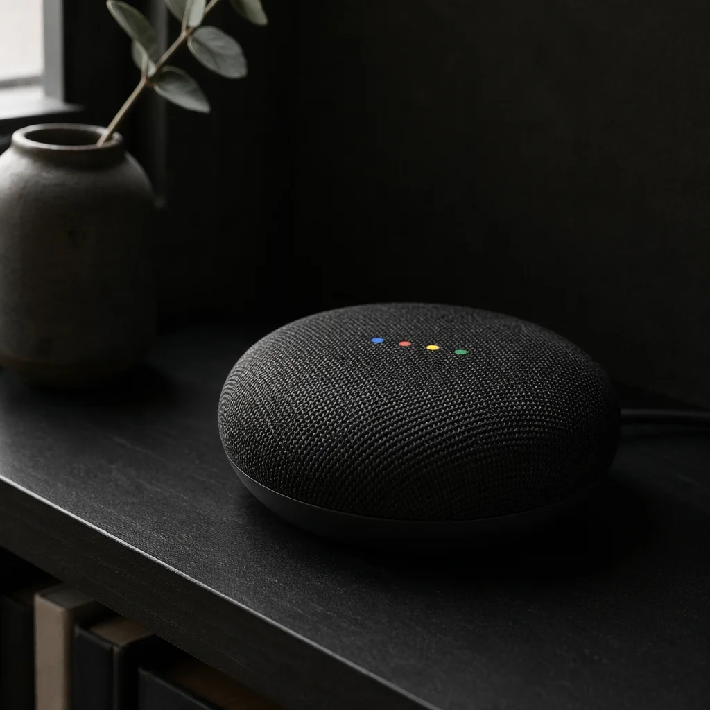 Smart Speaker on Dark Modern Shelf
