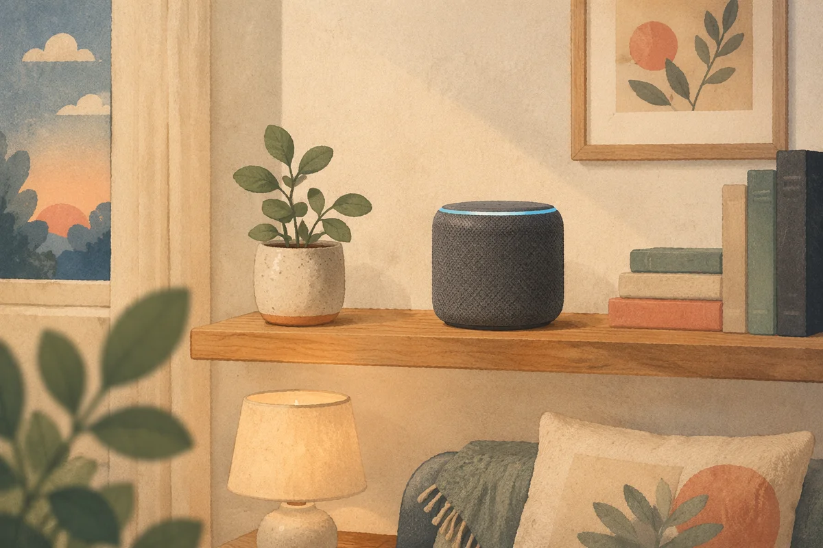 Cozy Smart Speaker on Home Shelf