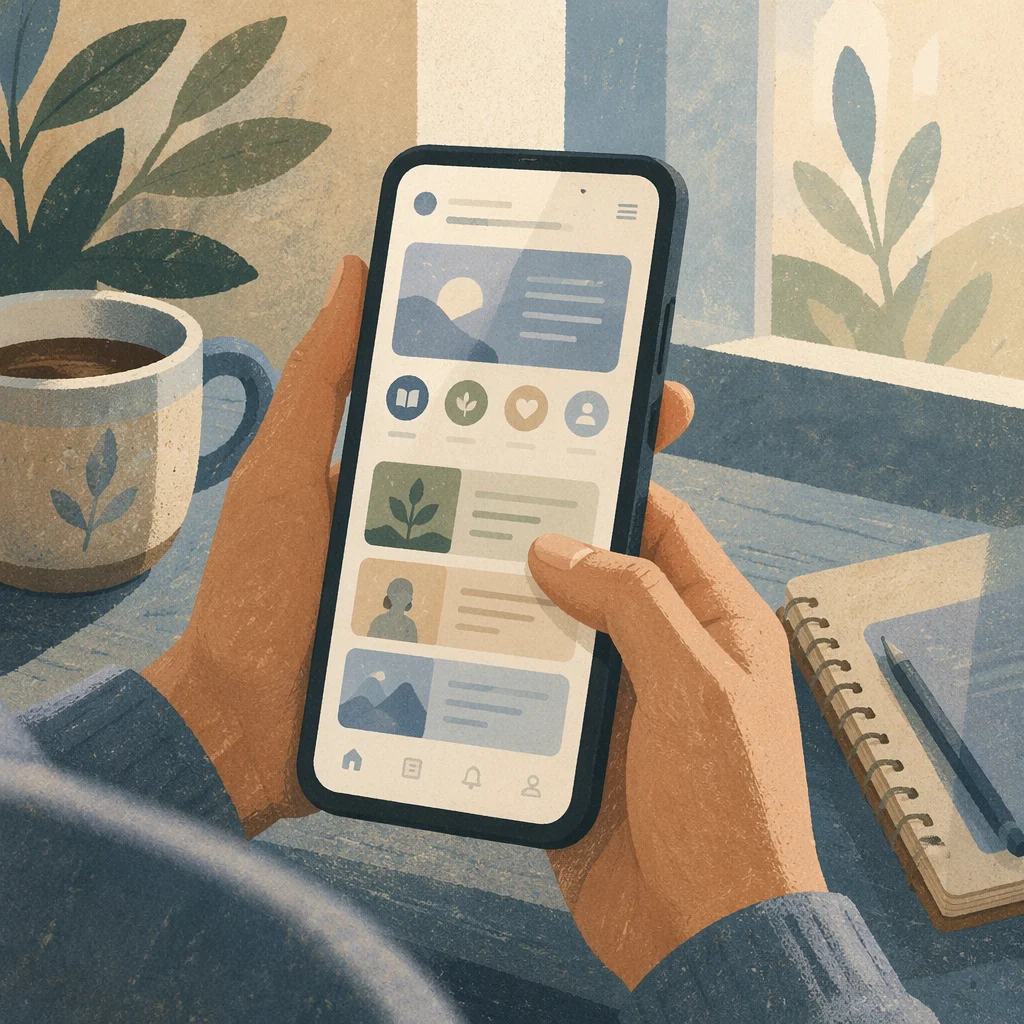 Smartphone App Screen in Café Hand Closeup