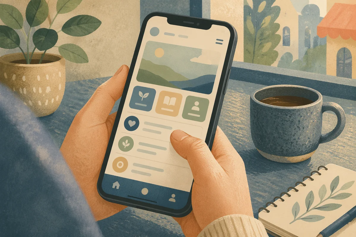 Smartphone App Screen in Café Close-Up