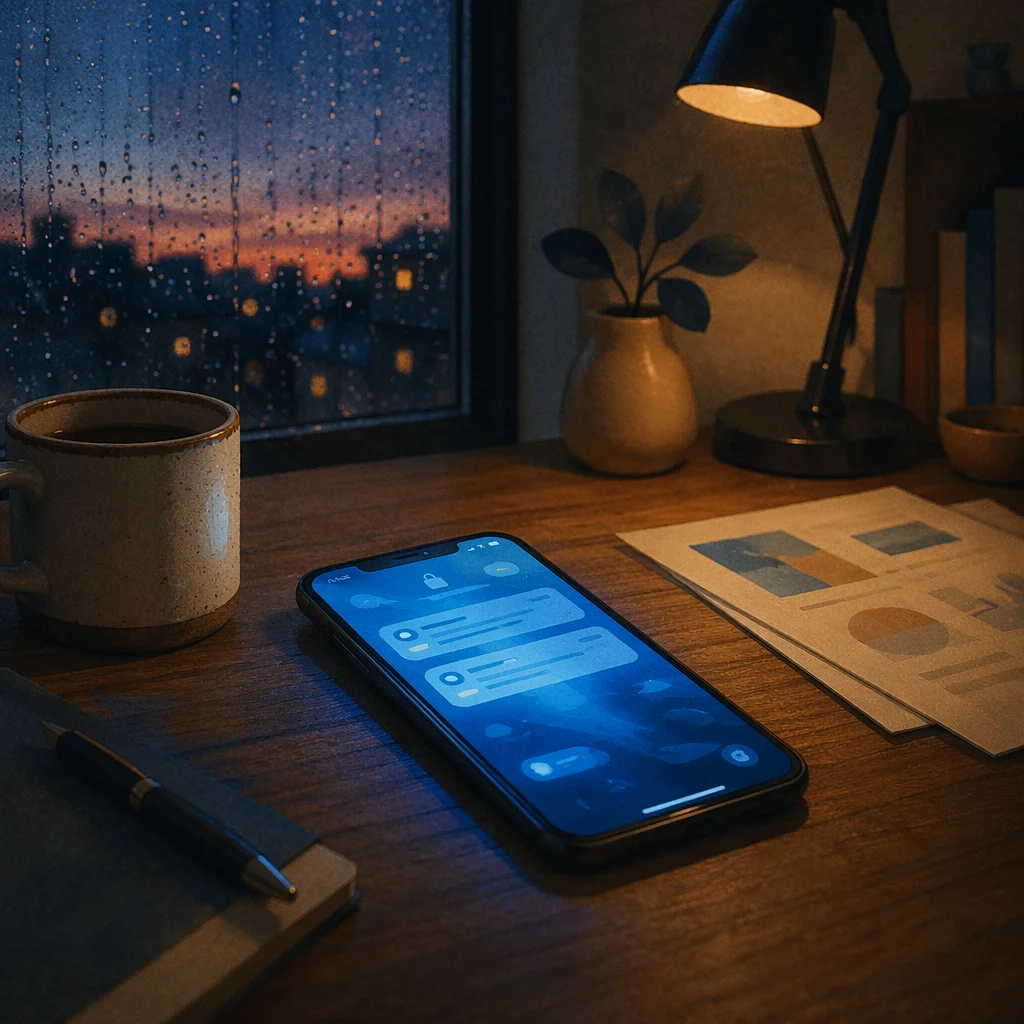 Smartphone Glow on Evening Wooden Desk