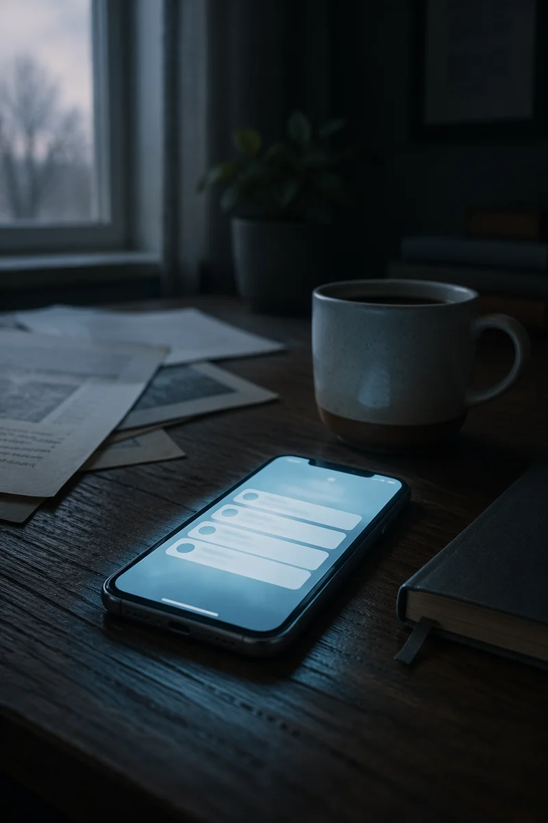 Glowing Smartphone on Morning Walnut Desk
