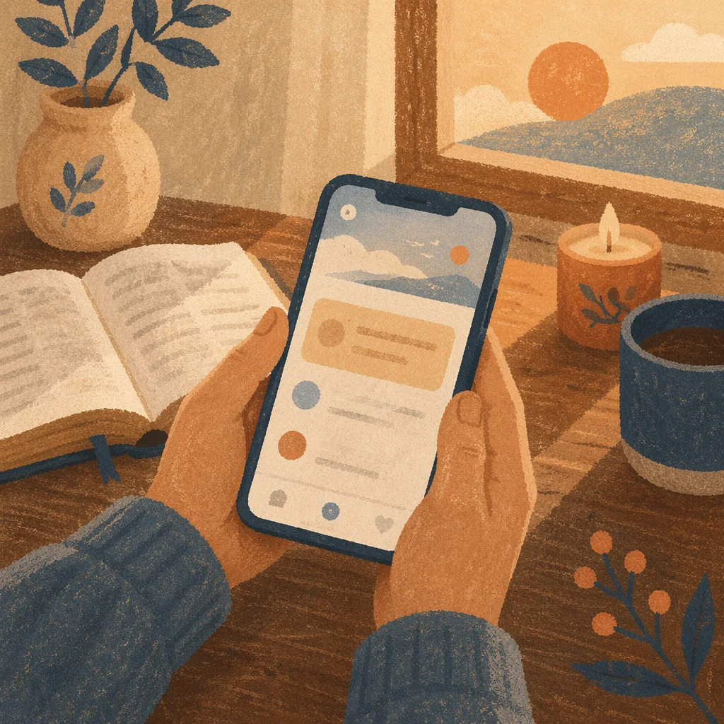 Hands Holding Smartphone on Wooden Table