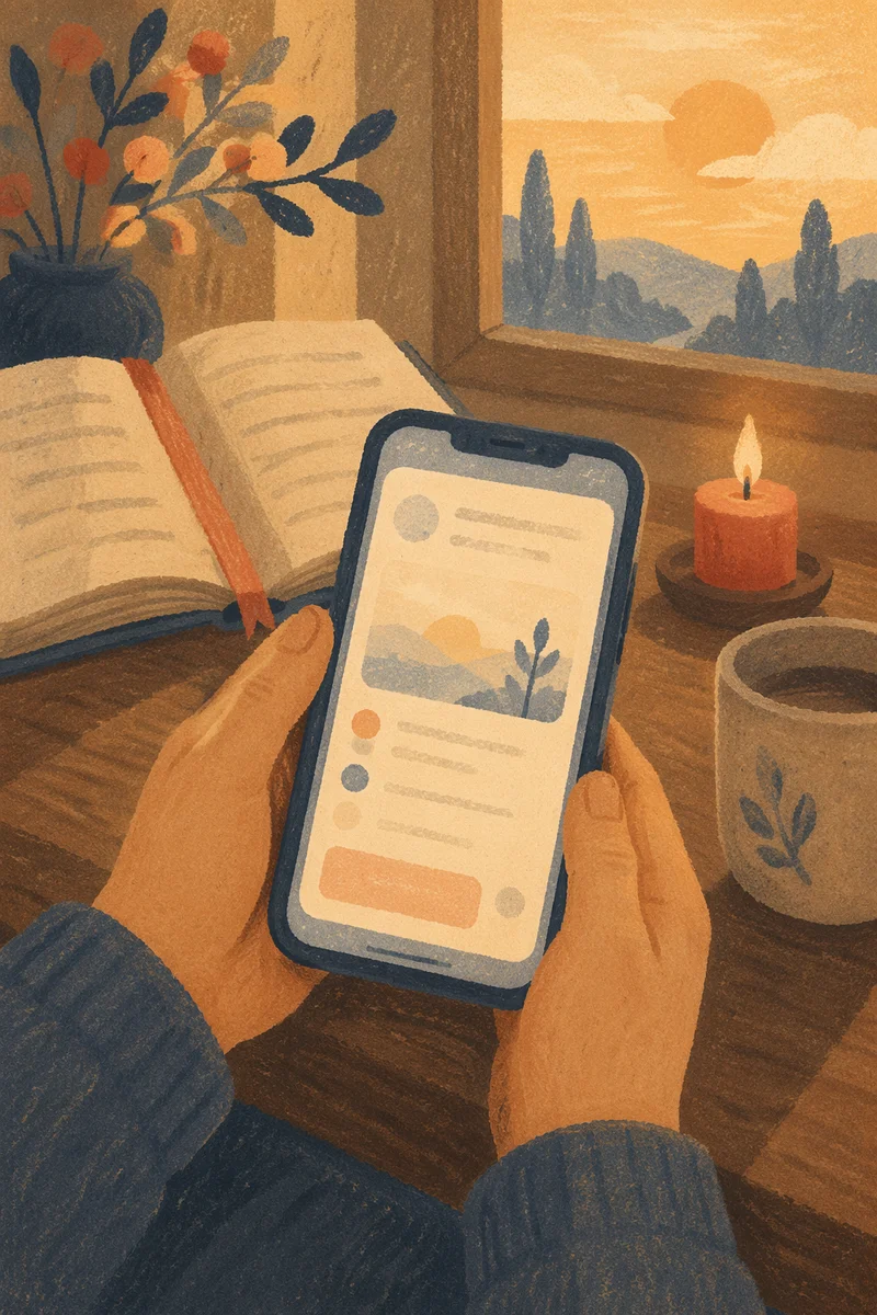Hands Holding Smartphone on Wooden Table