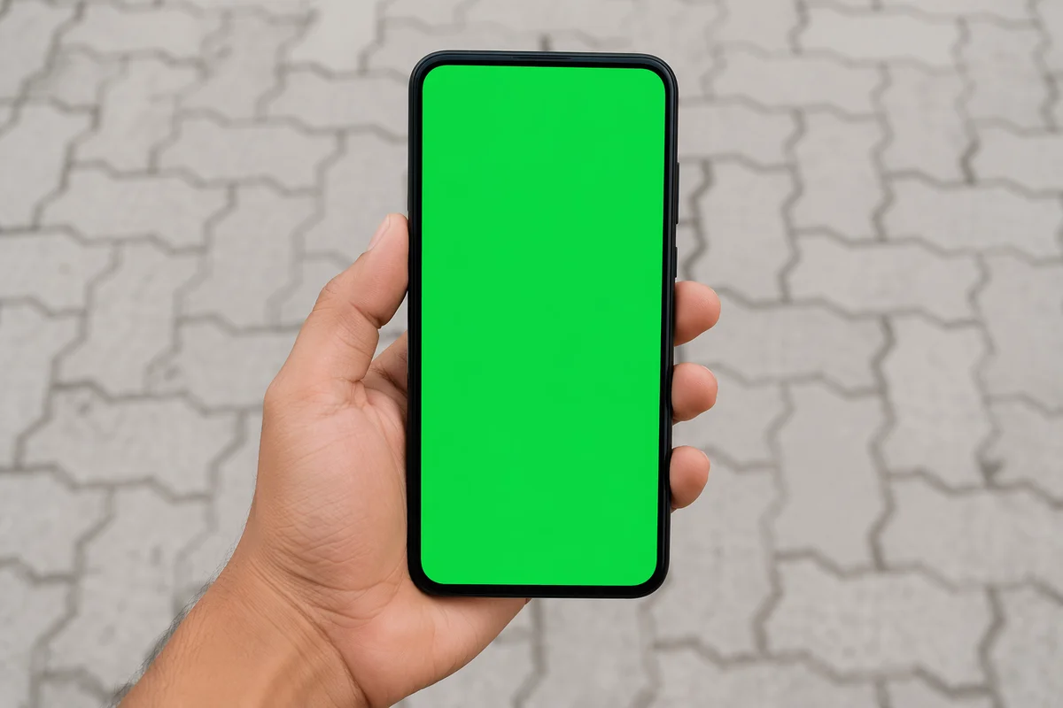 Hand Holding Smartphone With Green Screen
