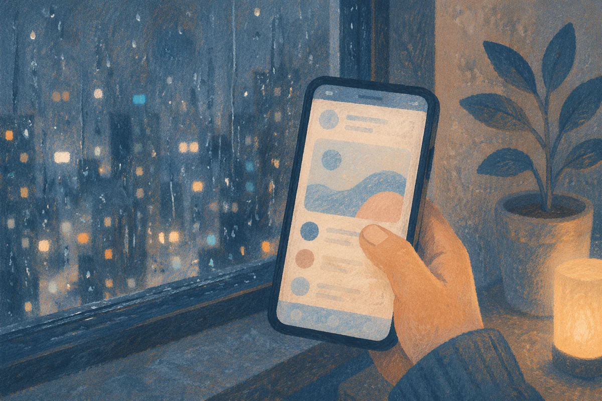 Hand Holding Smartphone by Rainy Window