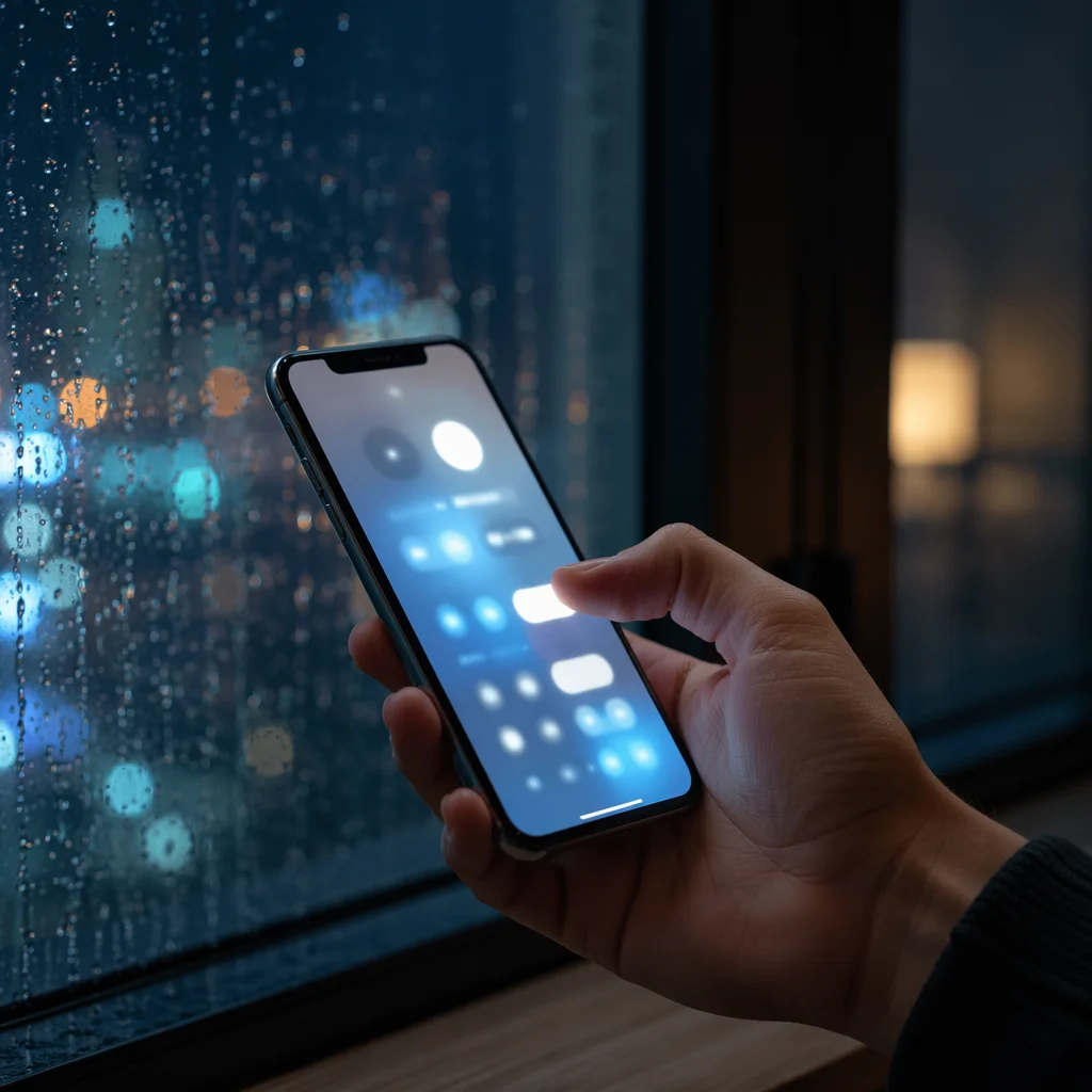 Hand Holding Smartphone by Rainy Window