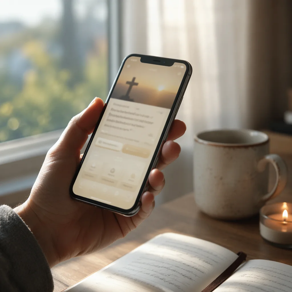 Hand Holding Smartphone by Window Desk