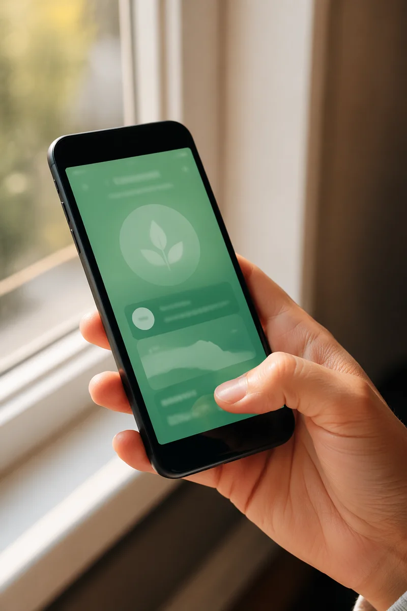 Hand Holding Smartphone With Green Wellness App
