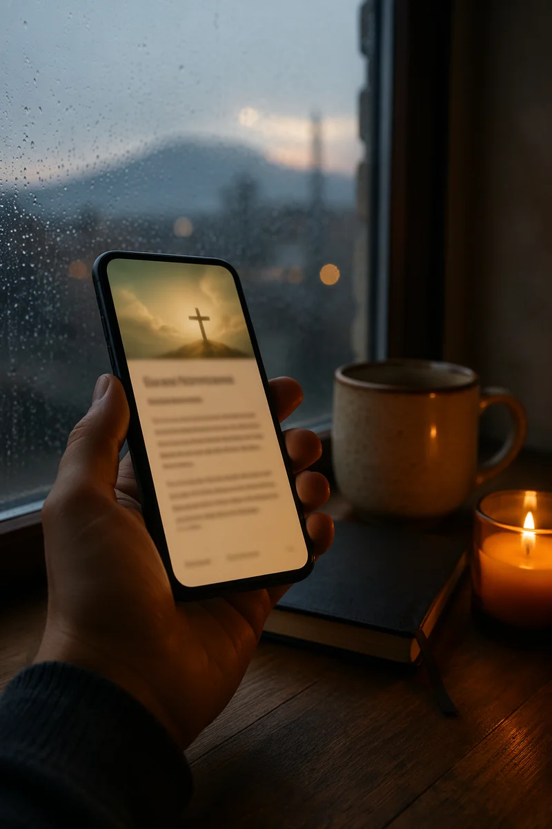 Hand Holding Smartphone by Rainy Window